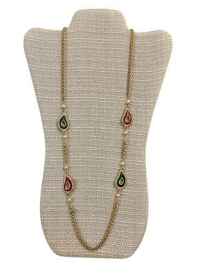 Vintage Kenneth Jay Lane KJL Mughal Style Paisley Enamel Faux Pearls Necklace